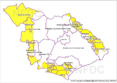 New Forest ward names, with the New Forest District Council (outside the National Park) Plan area shown in yellow