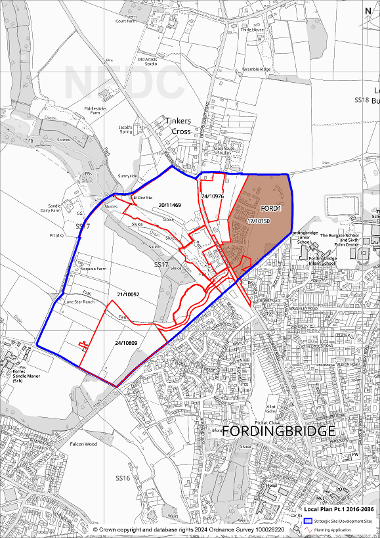 Map showing area of Strategic Site 17: Land at Whitsbury Road, Fordingbridge map with planning applications lined red