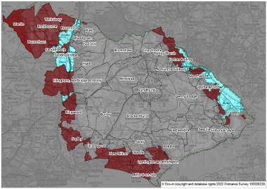 Areas shown as a blue shade where First Homes exception sites can come forward in principle