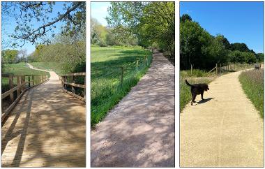 A collection of images showing examples of green way projects including new footpaths and boardwalks