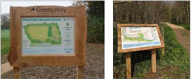 Images of two interpretation boards installed at projects delivered at King George V Recreation Ground and North Milton