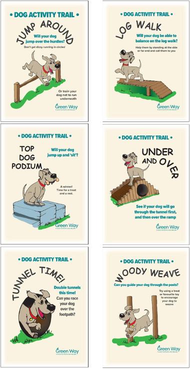 An image showing examples of signage that should be used in dog activity trails to help owners understand how to use the equipment