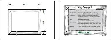 A drawing showing the panel size of an interpretation board to scale from and a drawing of an example board not to scale