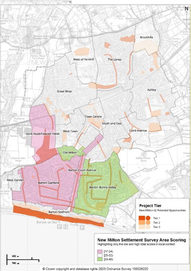 Plan indicating potential GI opportunities and settlement survey area in New Milton