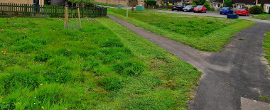 section of grass near some houses with some of it left long with small part cut