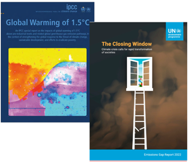 An image of two representative documents about climate change, with their front covers. The documents are from the IPCC and UN.